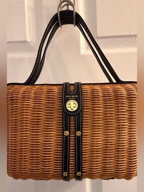 kate spade Wicker Tote in Tan with Black Trim and Gold Hardware